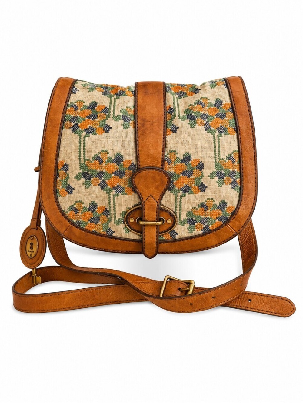 Vtg FOSSIL Leather Linen Embroidered Cross Stitch Crossbody Saddle Bag